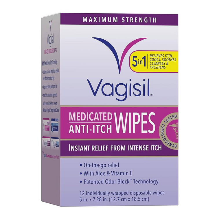 Medicated VAGISIL wipes in a 12-count pack, designed for feminine hygiene and freshness.