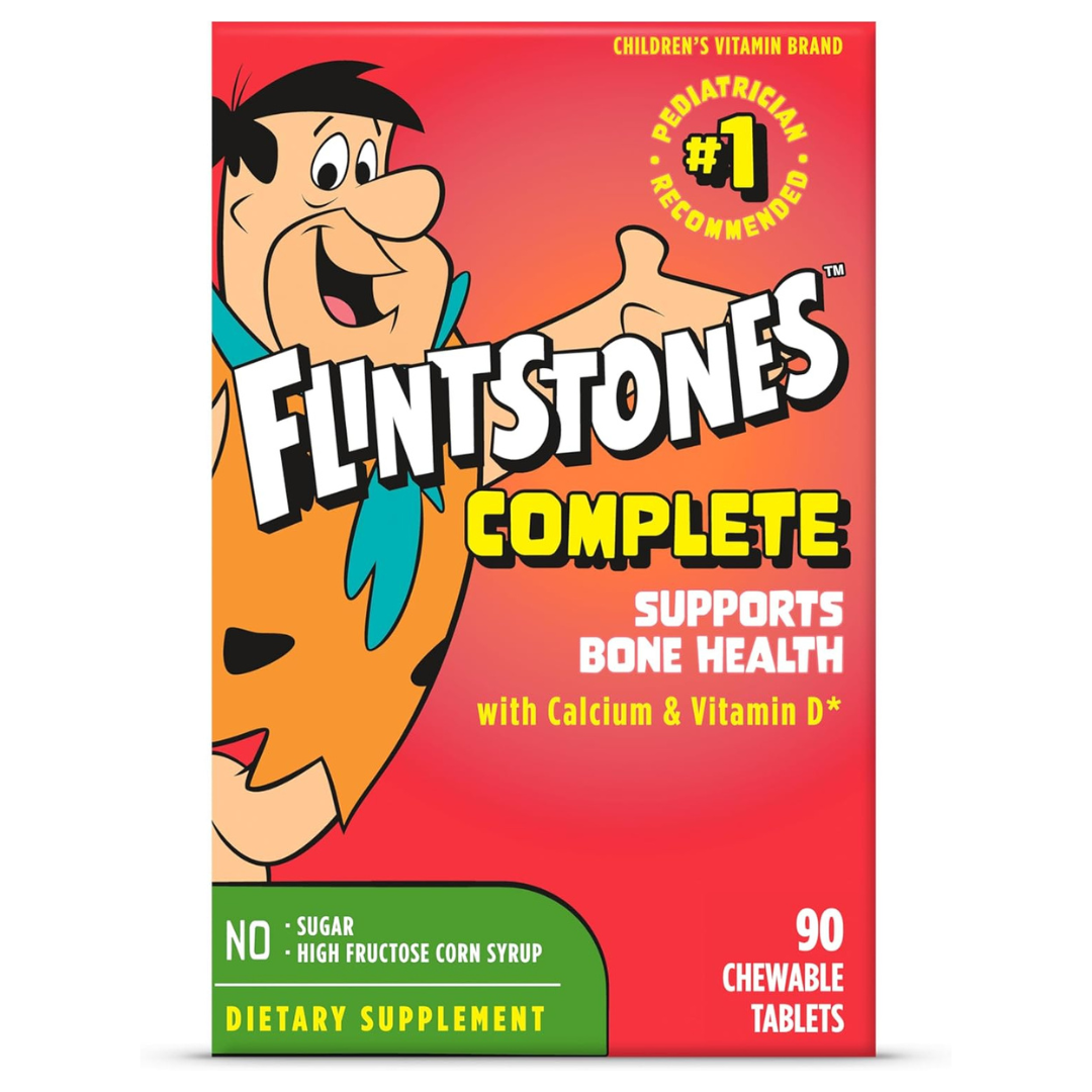Farmacias Savia Flintstone Complete 90 chewable tablets bottle, colorful vitamin supplement for children.