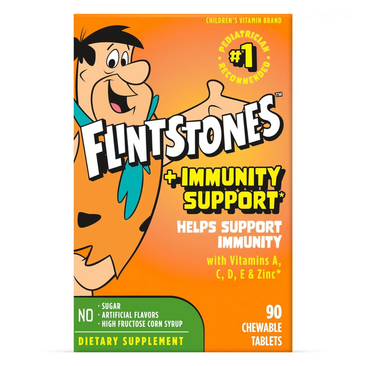 Flintstone Immunity multivitamin tablets for children, featuring colorful cartoon packaging with vitamin images and playful design.