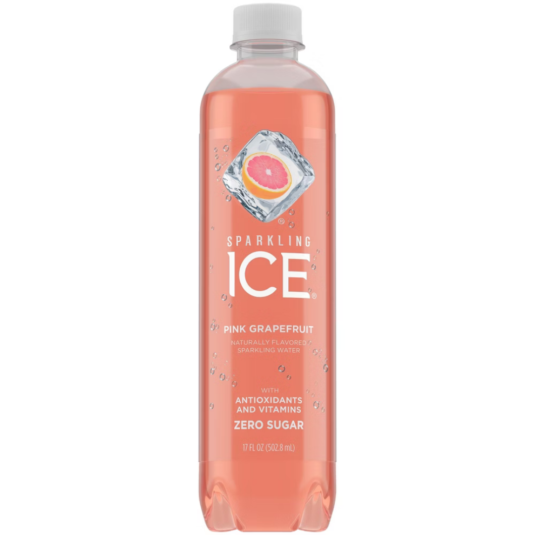 Sparkling Ice Pink Grapefruit flavored sparkling water in a 17oz can, with bright pink and citrus imagery on the label.