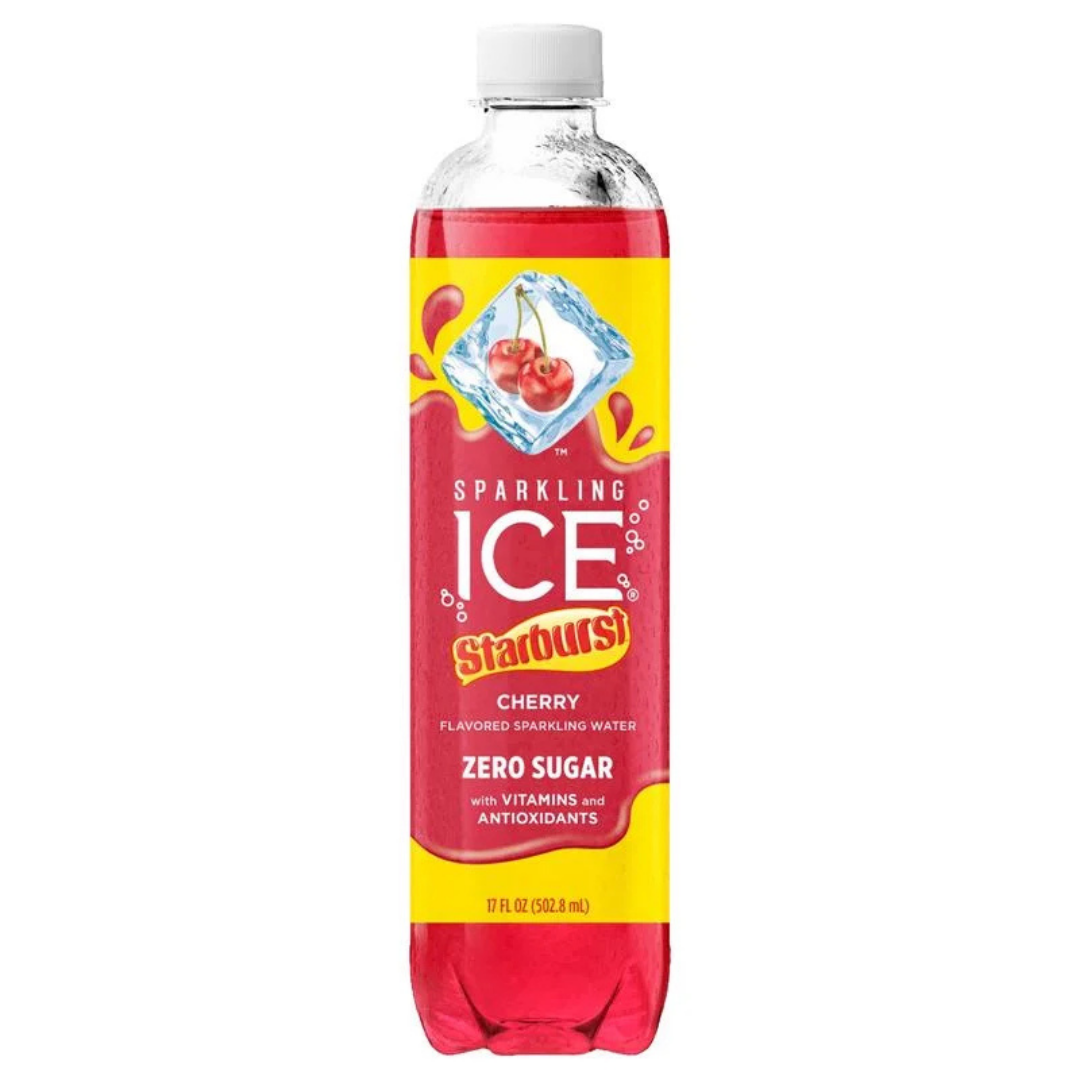 Sparkling Ice Starburst Cherry flavored sparkling water in a 17oz La Comprita bottle with cherry imagery.