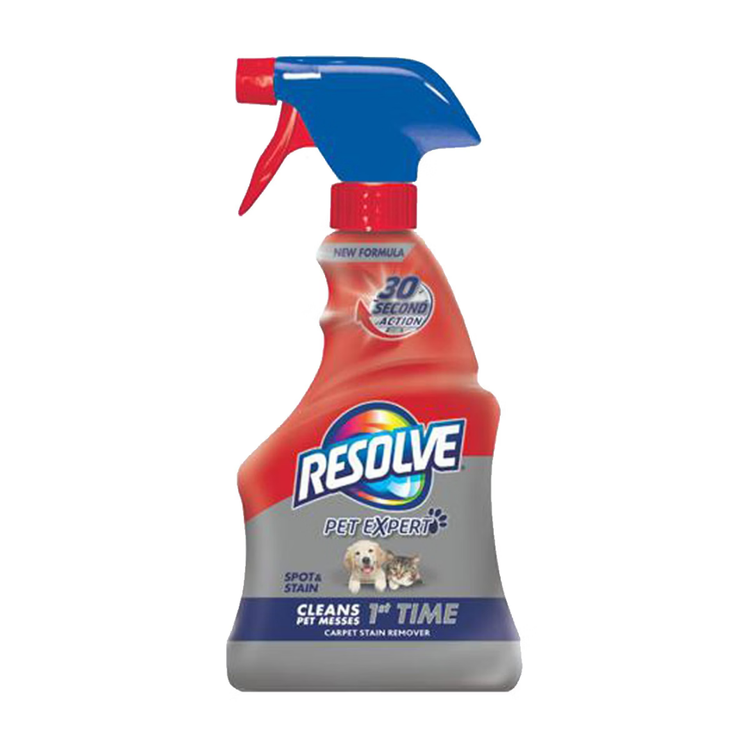 Farmacias Savia Resolve stain and odor remover spray for carpets, 16oz bottle, effective multi-use cleaning solution.
