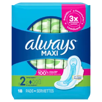 Always MAXI SIZE 2 MAX PROTECTION pads in a pack of 18, featuring long design for added comfort and reliable protection.
