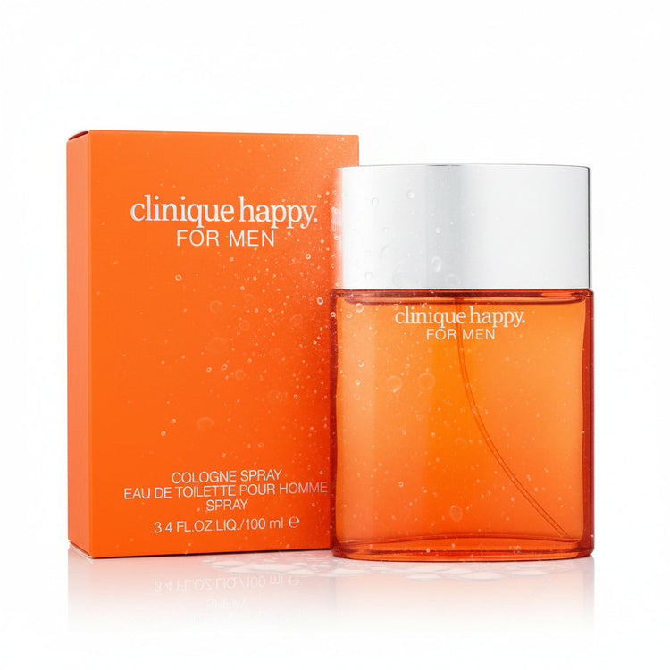 Clinique Happy For Men Cologne EDT spray in 3.4 oz bottle, featuring fresh citrus and aromatic scent for men.