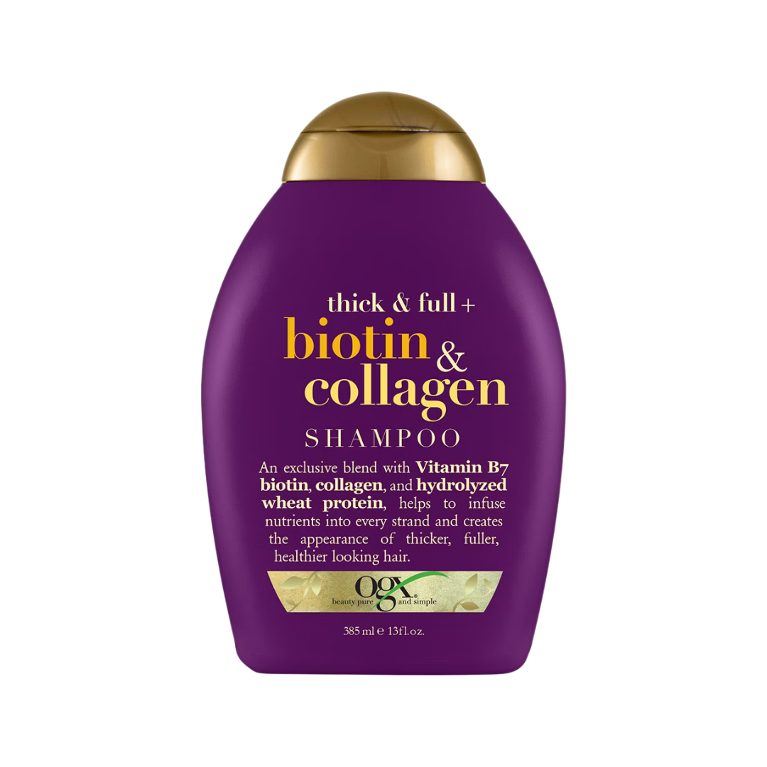 OGX shampoo and conditioner bottles featuring biotin and collagen, 13 oz size, with colorful label design.