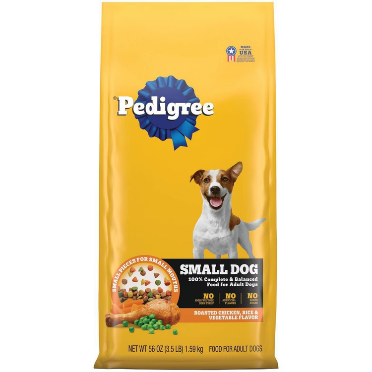 Pedigree Complete Nutrition roasted chicken, rice, and vegetable dry dog food for small dogs in 3.5 lb bag, healthy pet alimentation.