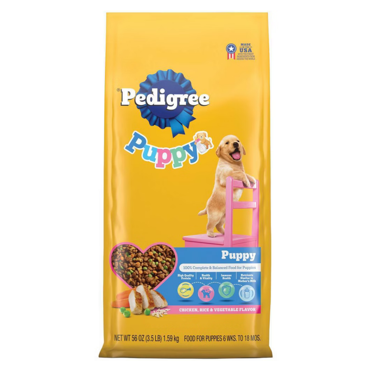 Pedigree chicken, rice, and vegetable puppy dry dog food in 3.5lb bag, premium pet food from Farmacias Savia.