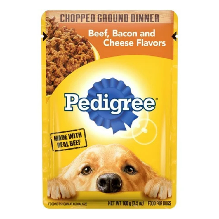 Pedigree Chopped Ground Dinner Beef, Bacon & Cheese flavor for pets, 3.5 oz, showing the product package with beef and bacon ingredients.