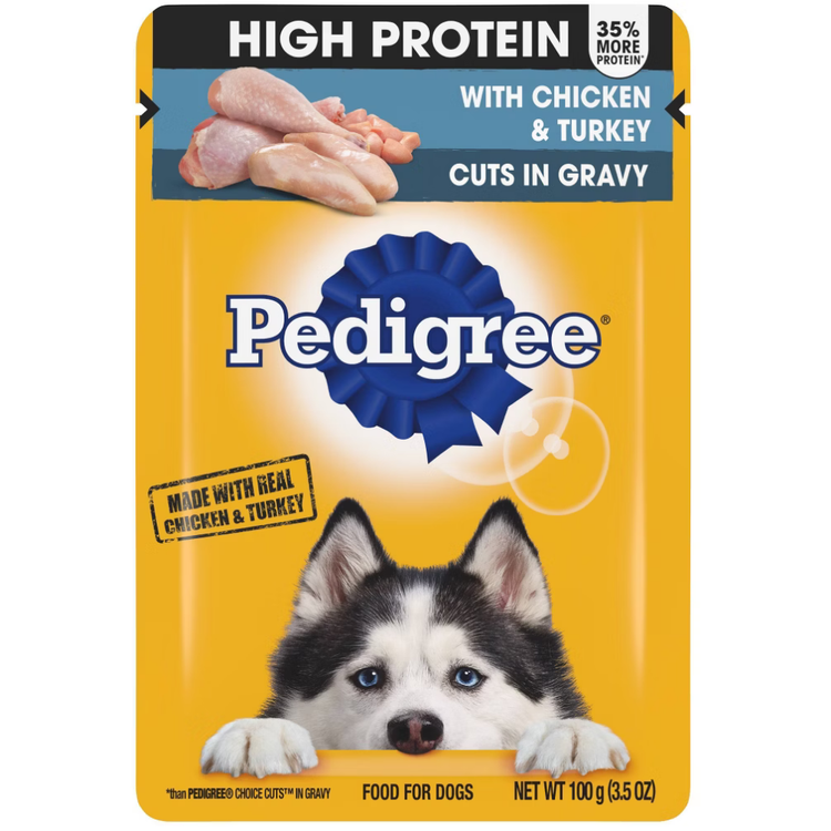 Canned Pedigree high protein wet dog food with chicken and turkey in gravy, 3.5 oz, in a metal pet food can