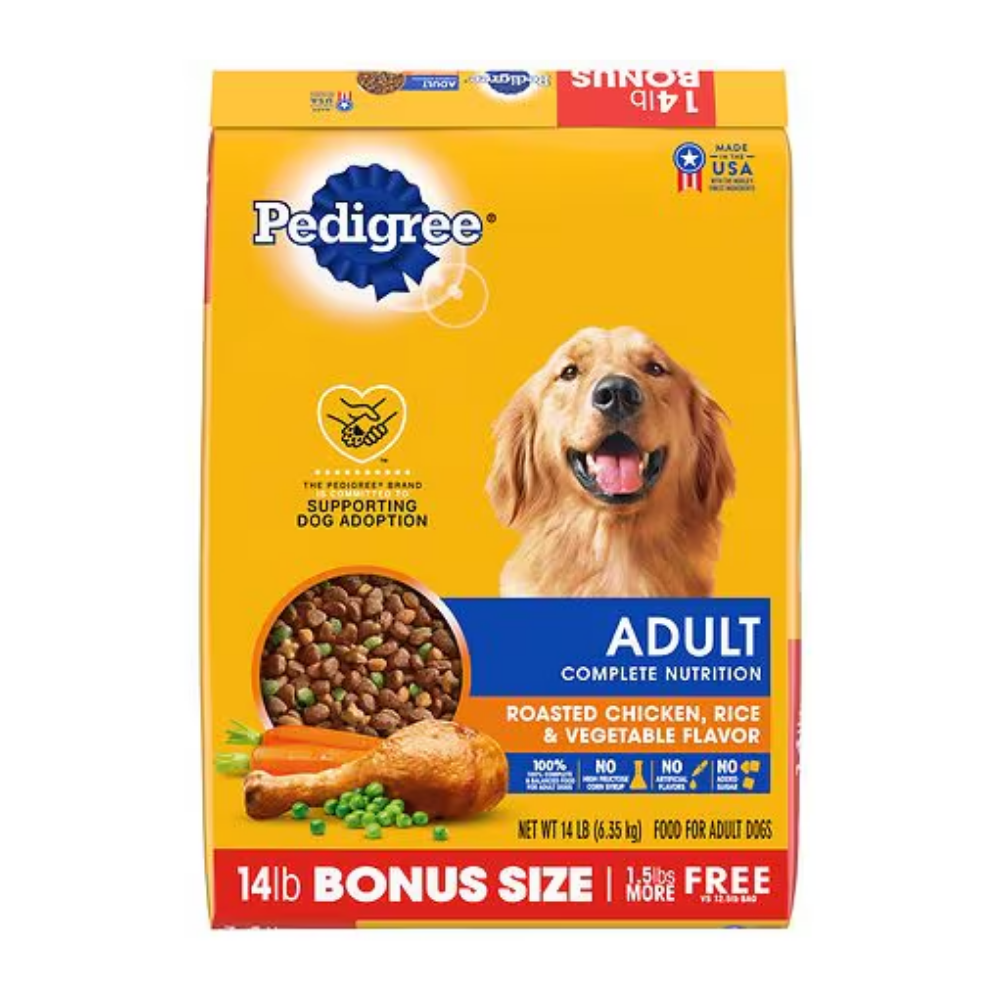 Bag of Pedigree adult dry dog food with roasted chicken, rice, and vegetables, 14-pound size from Farmacias Savia.