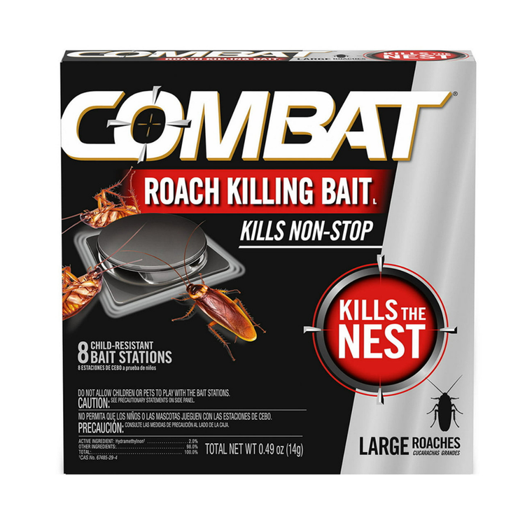 Farmacias Savia Combat Roach Killing Bait Stations for indoor use, showing eight bait stations in a box.