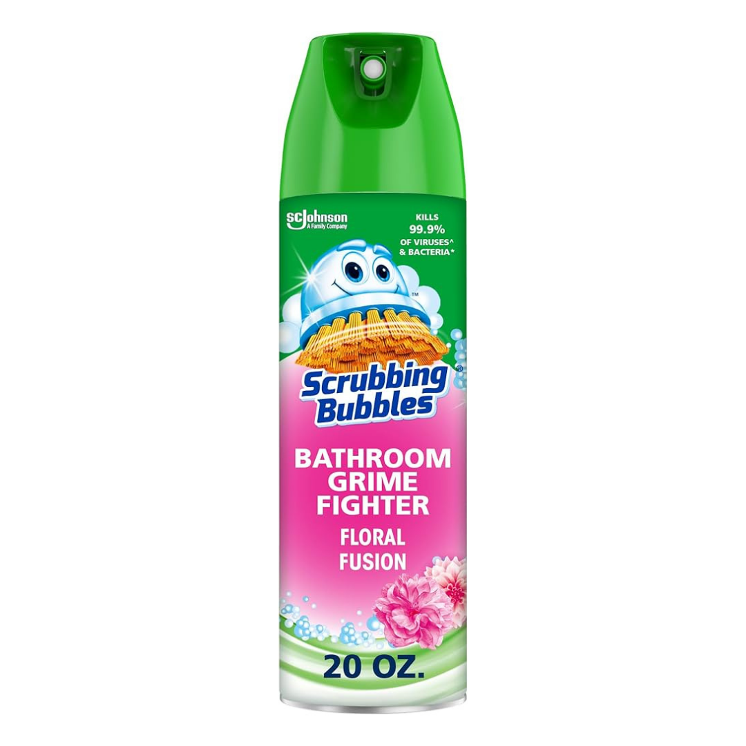 Scrubbing Bubbles Bathroom Grime Fighter Floral Fusion 20oz spray bottle with logo and floral label design.