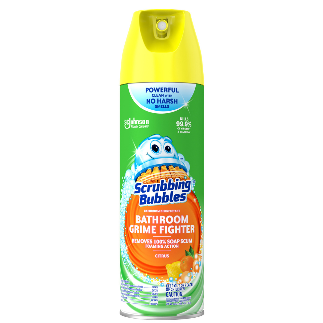 Scrubbing Bubbles Bathroom Grime Fighter Citrus cleaner in 20oz bottle, designed for bathroom surface cleaning and stain removal.