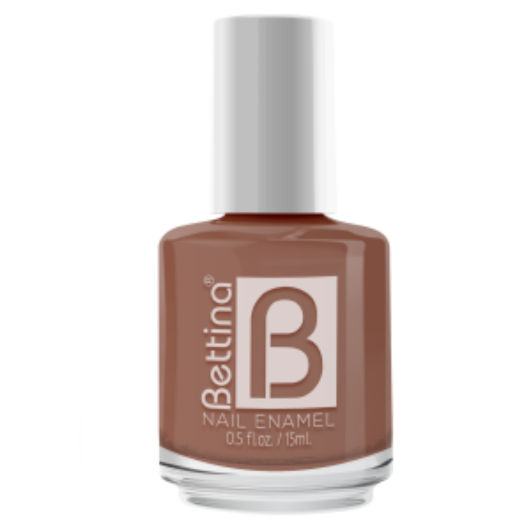 Bettina Brown nail polish bottle by Farmacias Savia with a close-up view of the product label and the brown nail polish inside.