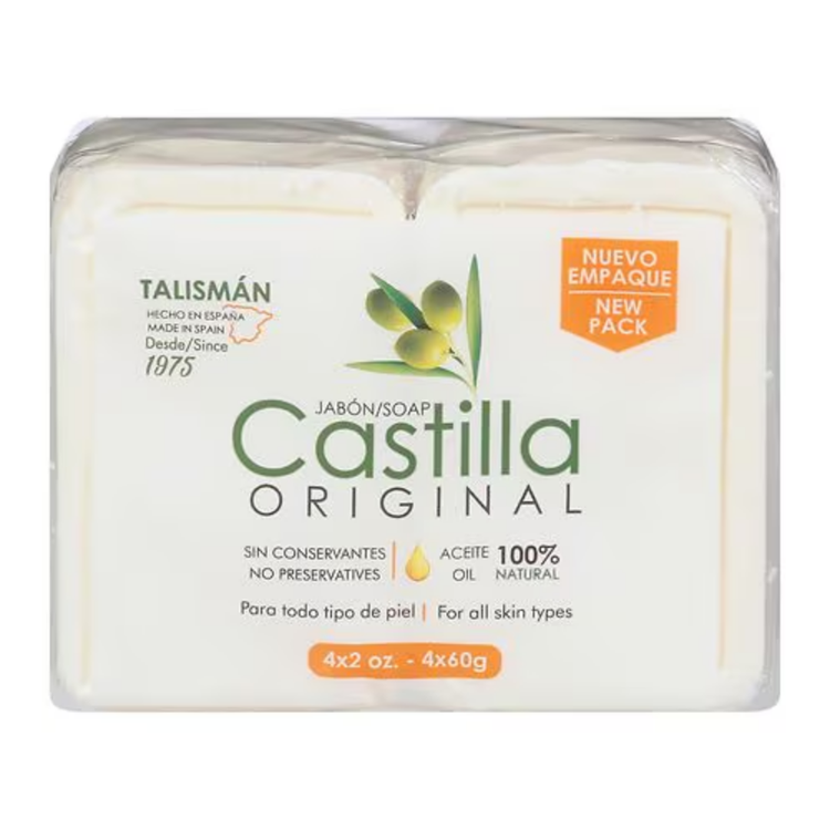 Set of four Castilla Original soap bars by Farmacias Savia, 2 oz each, in a natural soap and shampoo product image.