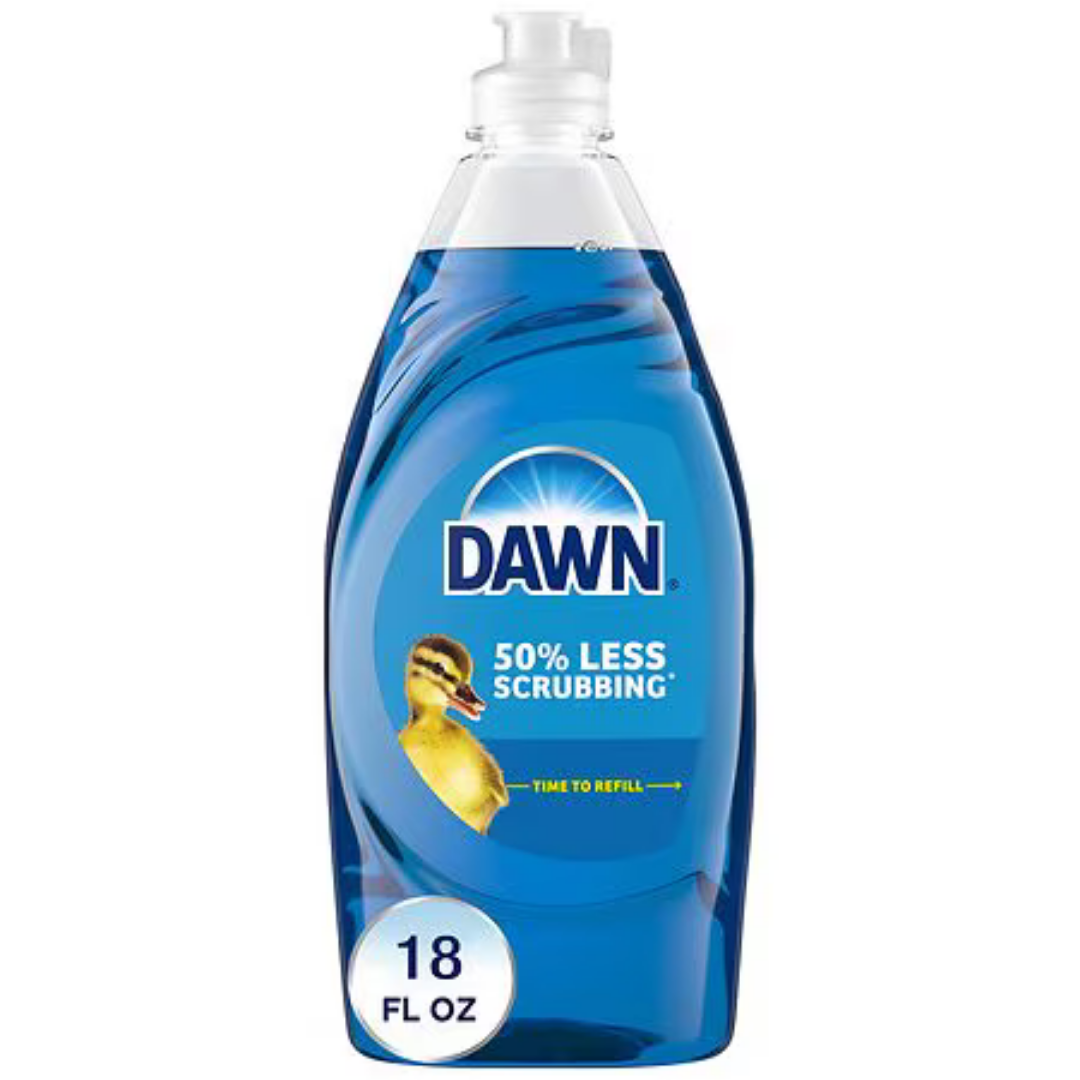 Dawn Ultra Original Dishwashing Liquid 18oz bottle with green label and pump dispenser, used for multi-purpose cleaning.