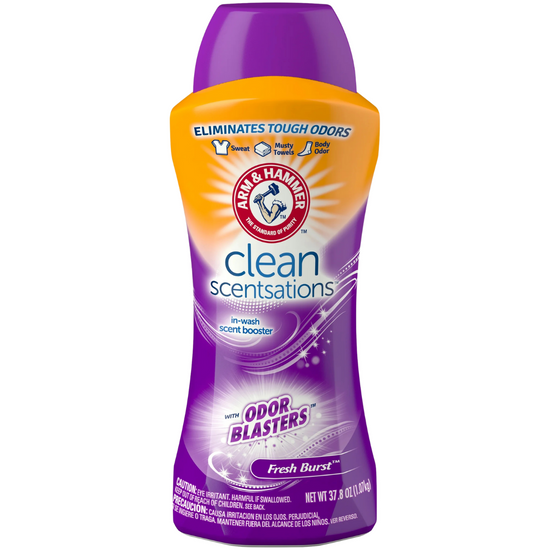 Arm & Hammer OxiClean Fresh Burst laundry detergent 138oz bottle, bright label with brand and product details.