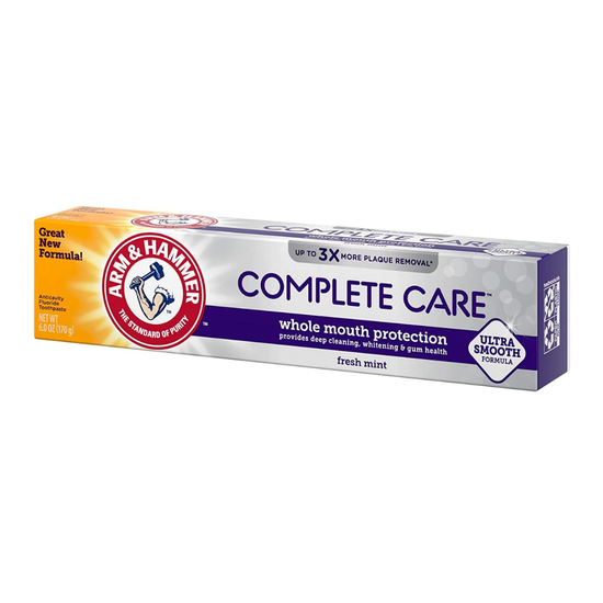 Arm & Hammer Complete Care Whitening Toothpaste in 6oz tube with a white and blue packaging, designed for dental whitening and oral health.