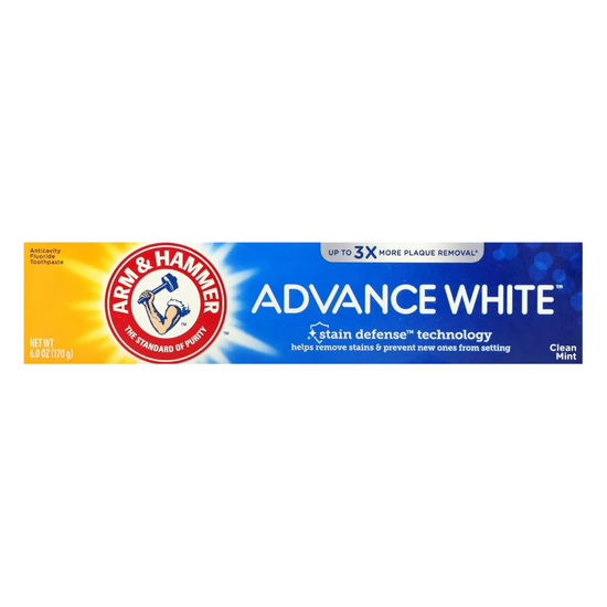 Arm & Hammer Advance White Toothpaste Stain Defense 6oz tube with a clean white packaging and brand logo.
