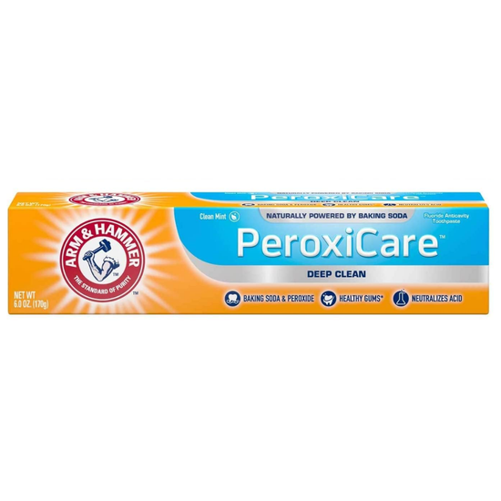Arm & Hammer Peroxicare Toothpaste for healthy gums in a 6oz tube, shown with packaging and fresh mint flavor elements.