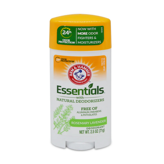 Arm & Hammer Essentials deodorant in rosemary lavender scent, 2.5oz stick with natural ingredients, displayed in a sleek container.