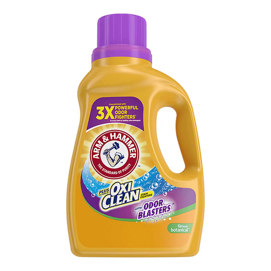 Arm & Hammer Plus OxiClean Fresh Botanical Laundry Detergent 43.75oz bottle with label showing botanical scent and cleaning features.
