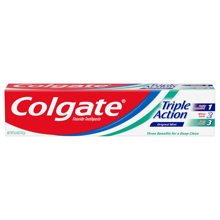 Colgate Triple Action Original Mint toothpaste in 4 oz tube, ideal for oral care and fresh breath.