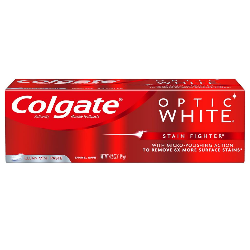 Colgate Optic White Stain Fighter toothpaste in 4.2oz tube, featuring mint flavor, for whitening and oral care.