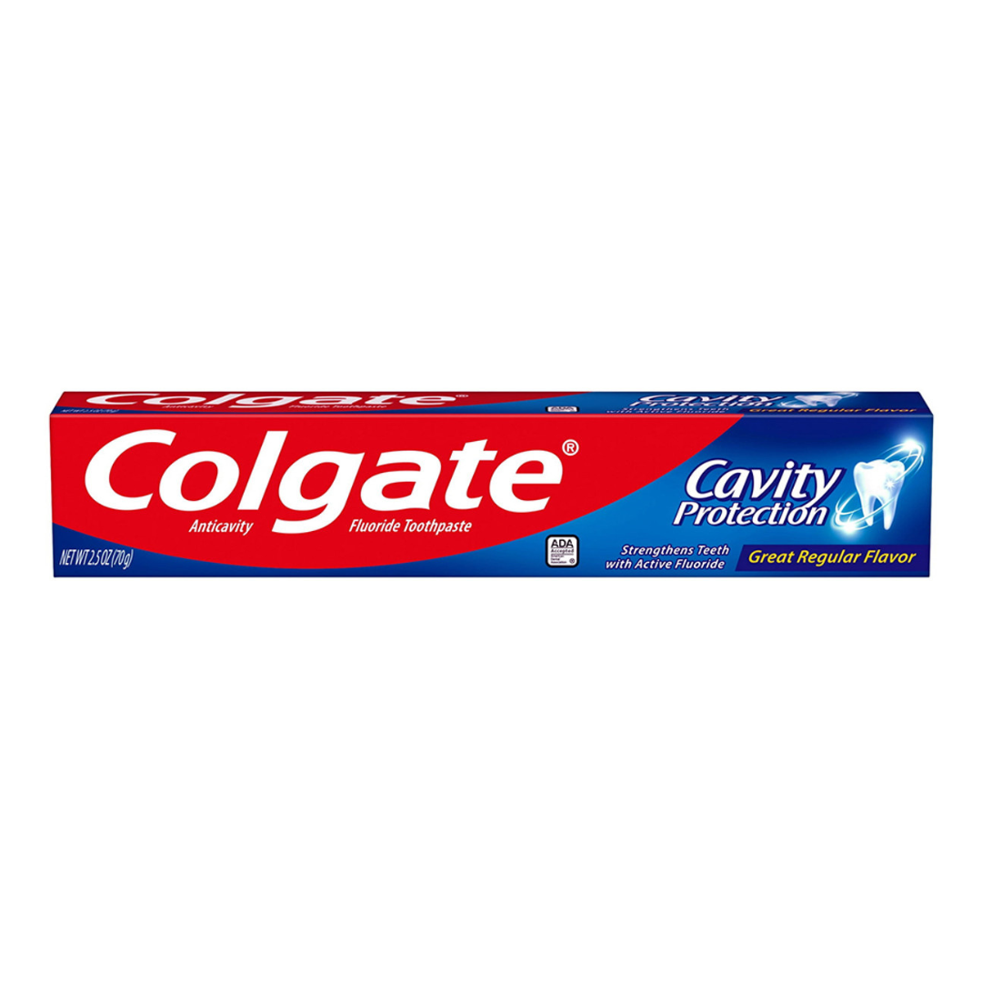 Colgate Cavity Protection Toothpaste 2.5 oz tube shown, designed for dental cavity prevention and oral health.