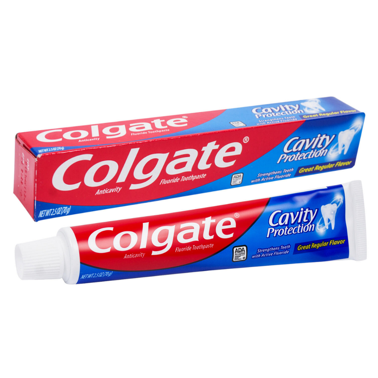 Colgate Anticavity Fluoride Toothpaste in a 2.5oz tube, used for oral care and cavity prevention, with a mint-flavored design.