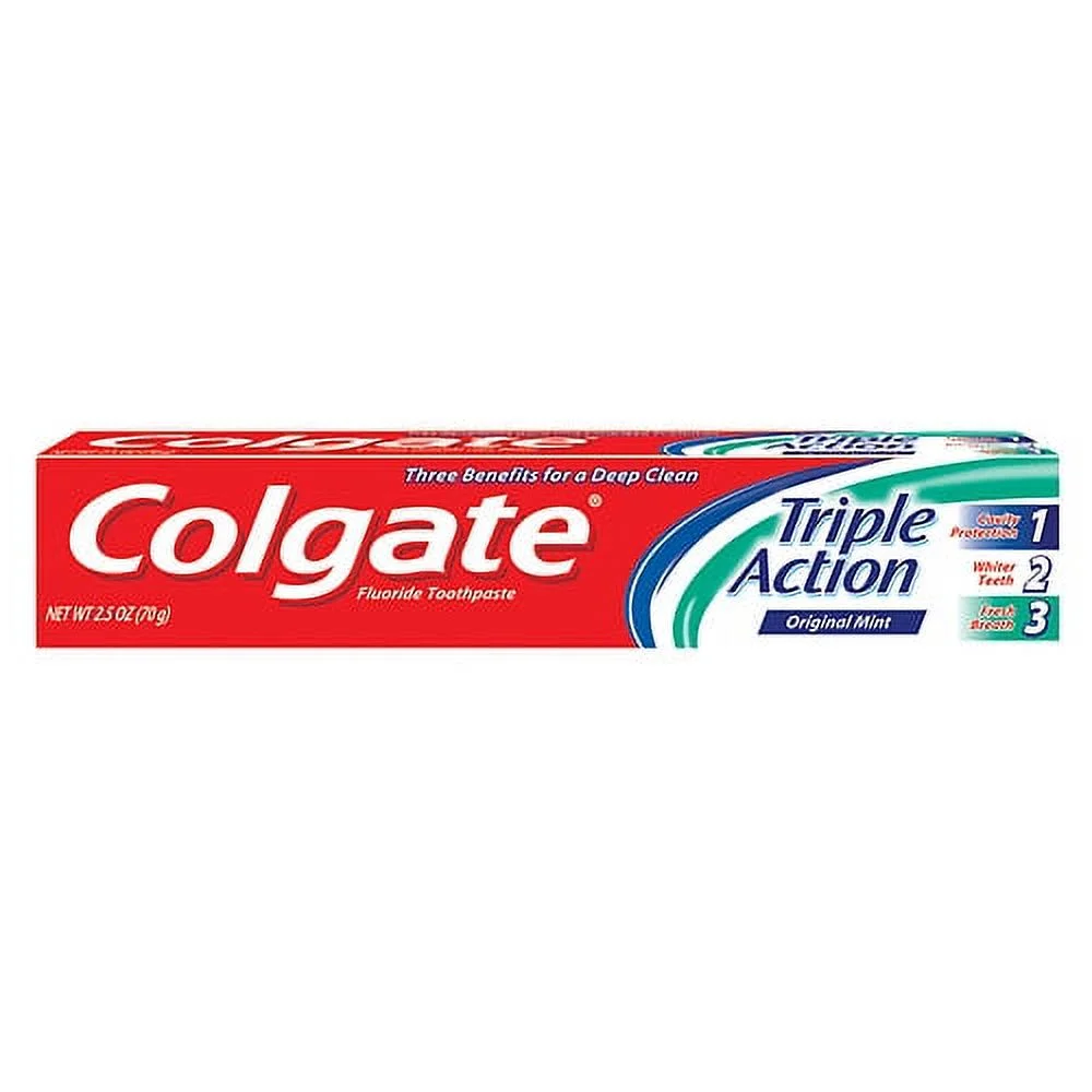 Colgate Triple Action Toothpaste in 2.5oz tube, featuring original mint flavor for oral care and fresh breath.