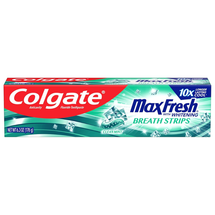 Colgate Max Fresh whitening breath strips toothpaste in 6.3oz tube, with mint flavor, for fresh breath and oral care.