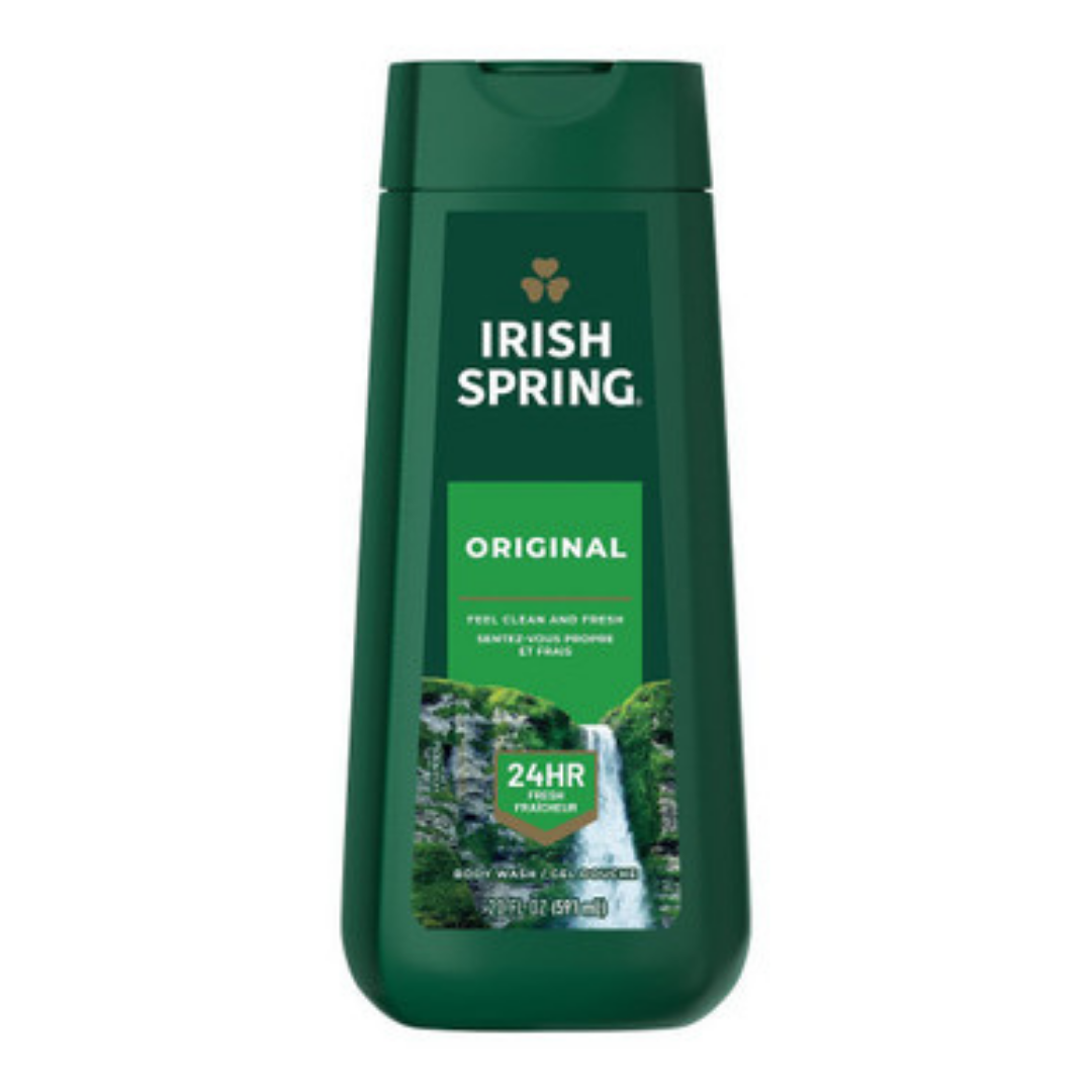 Irish Spring Original Body Wash 24HR in a 20oz bottle, featuring the green Irish Spring branding and label.