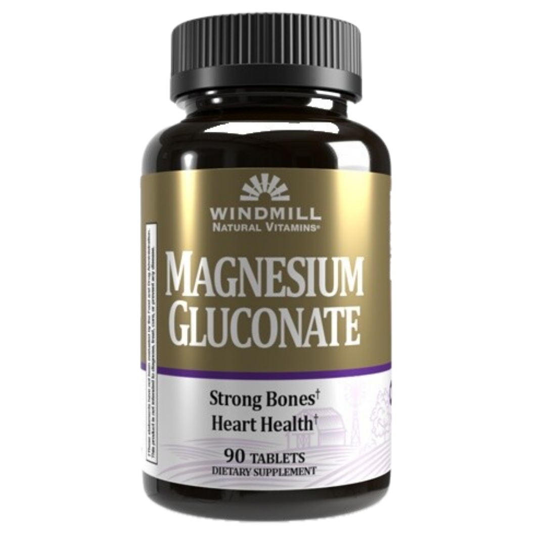 Windmill Magnesium Gluconate 500mg supplement bottles with 90 tablets, showing the product label and blister packaging.