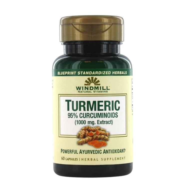 Windmill Turmeric 1000mg with 95% Curcuminoids capsules, showing 60 capsules in a bottle for natural health support.