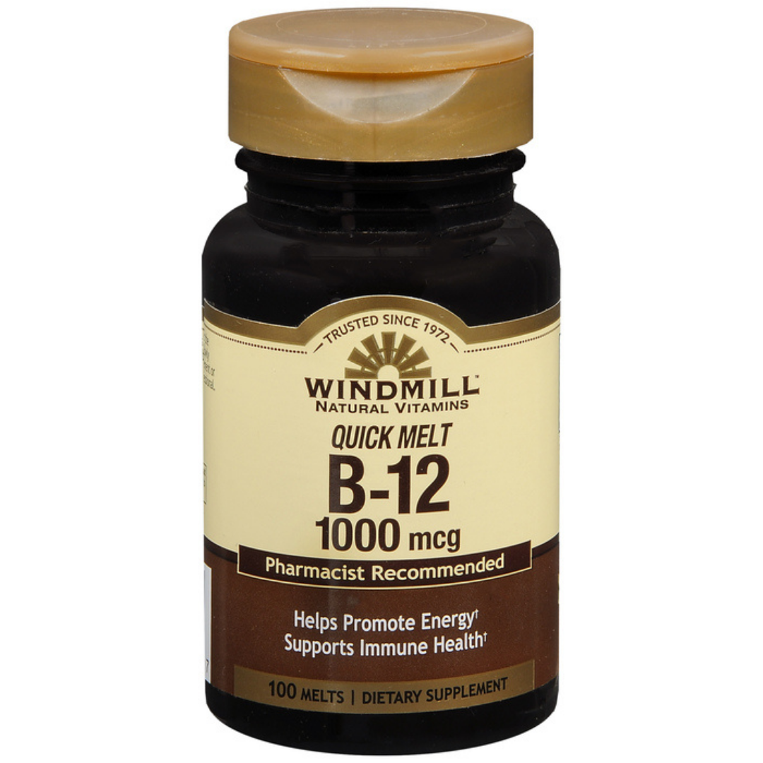 Windmill B-12 Quick Melt energy supplement box with 100 tablets, featuring bright packaging and B-12 vitamin branding.