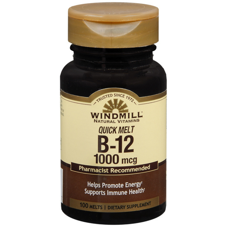 Windmill B-12 Quick Melt energy supplement box with 100 tablets, featuring bright packaging and B-12 vitamin branding.