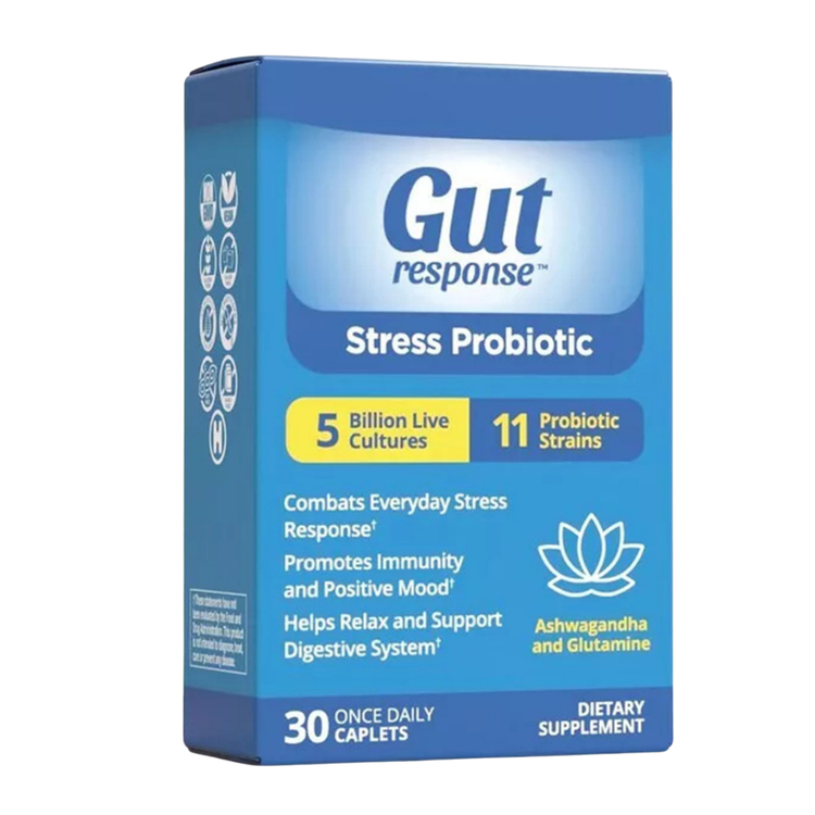 Gut Response Stress Probiotic caplets by Farmacias Savia, showing 30 capsules with probiotic strain details.