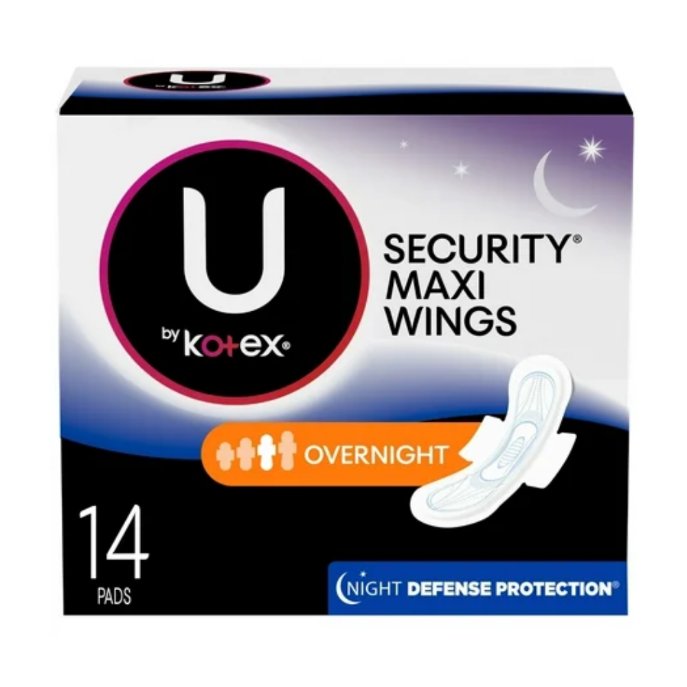 U by Kotex Security Maxi Pads with Wings Overnight in 14-count, featuring comfortable absorbent design for overnight protection