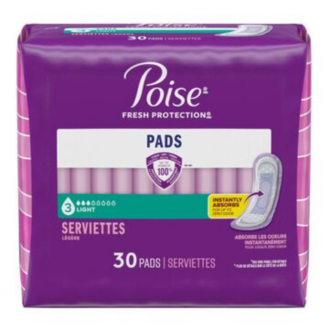 Poise Fresh Protection Light Absorbency Pads in a pack of 30, designed for discreet comfort and reliable freshness.
