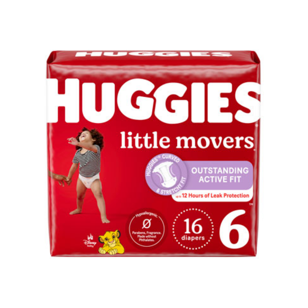 Huggies Little Movers size 6 baby diapers in a 16-pack, featuring soft, absorbent diaper design for active infants.