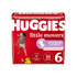 Huggies Little Movers size 6 baby diapers in a 16-pack, featuring soft, absorbent diaper design for active infants.