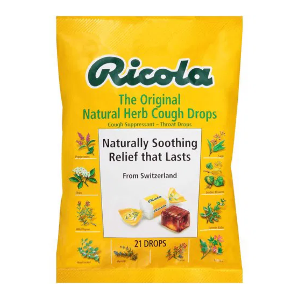 Ricola Original Natural Herb Cough Drops in a 34-count pack, featuring herbal throat lozenges by Farmacias Savia.