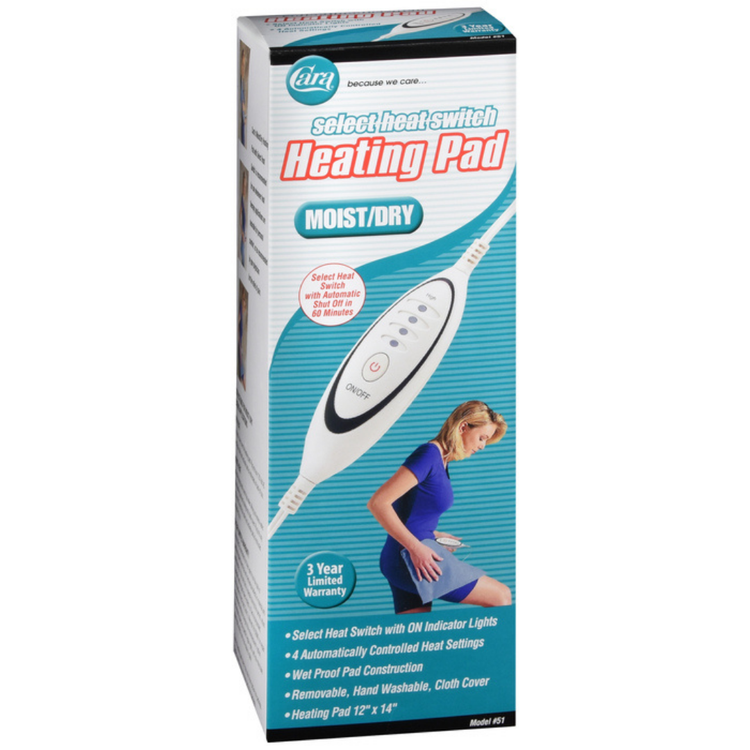 Farmacias Savia Cara Select Heat Switch heating pad 12x14 inches showing fabric surface and control switch for moist or dry heat