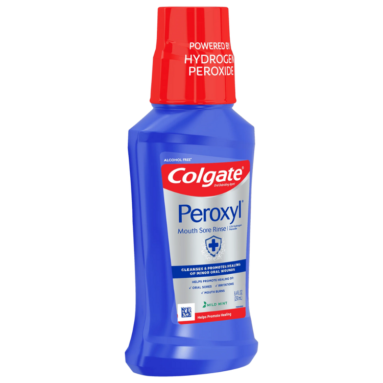 Colgate Peroxyl mouth sore rinse in 8.45 fl oz bottle with mint flavor, used for oral care and soothing mouth sores.