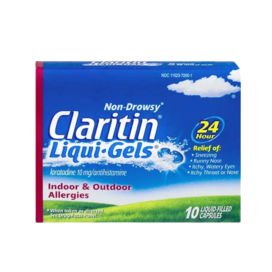 Claritin 24 Hour Non-Drowsy Allergy Relief Liqui-Gels in a 10-count package, showing the medication capsules.