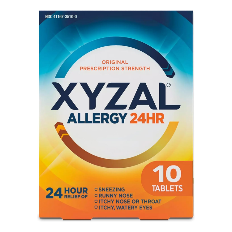 Box of Xyzal Allergy 24HR Tablets by Farmacias Savia, showing 10 levocetirizine antihistamine tablets in blister pack.