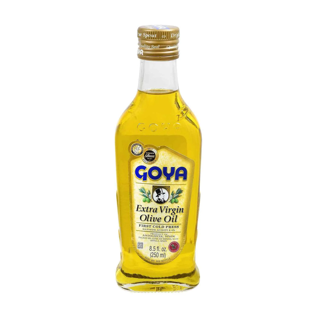 Extra virgin olive oil from Goya, ideal for cooking and dressing, in a 8.5 fl oz bottle, displayed with a clear label.