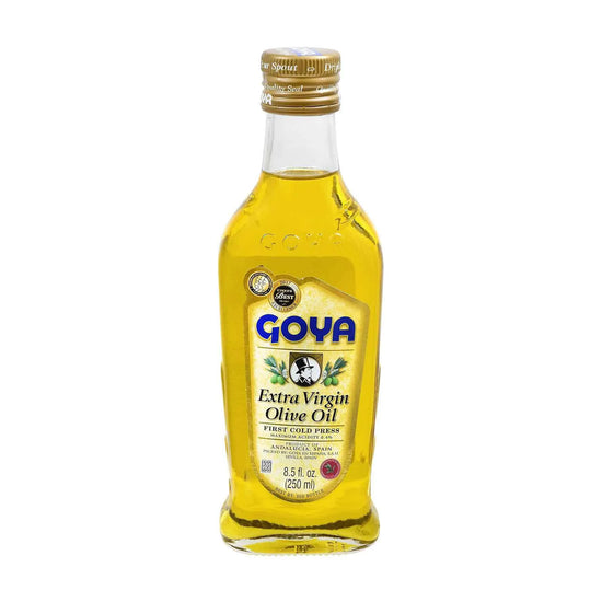 Extra virgin olive oil from Goya, ideal for cooking and dressing, in a 8.5 fl oz bottle, displayed with a clear label.
