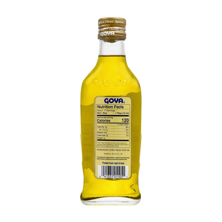 Extra virgin olive oil bottle from Goya, 8.5 fl oz, ideal for cooking and dressings, displayed with label visible.